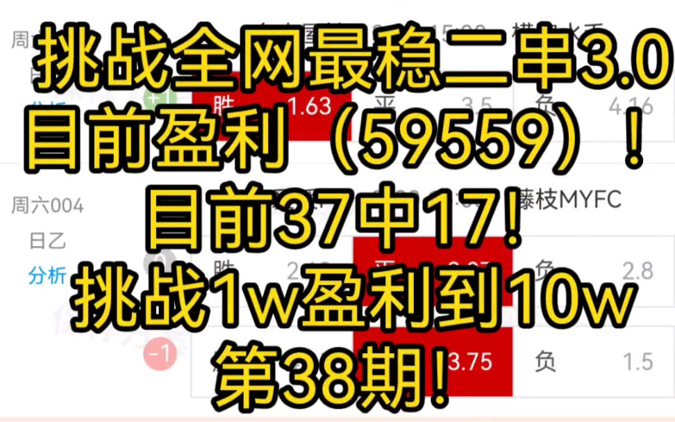 挑战全网最稳二串3.0目前盈利（59559）！目前37中17！挑战1w盈利到10w第38期！